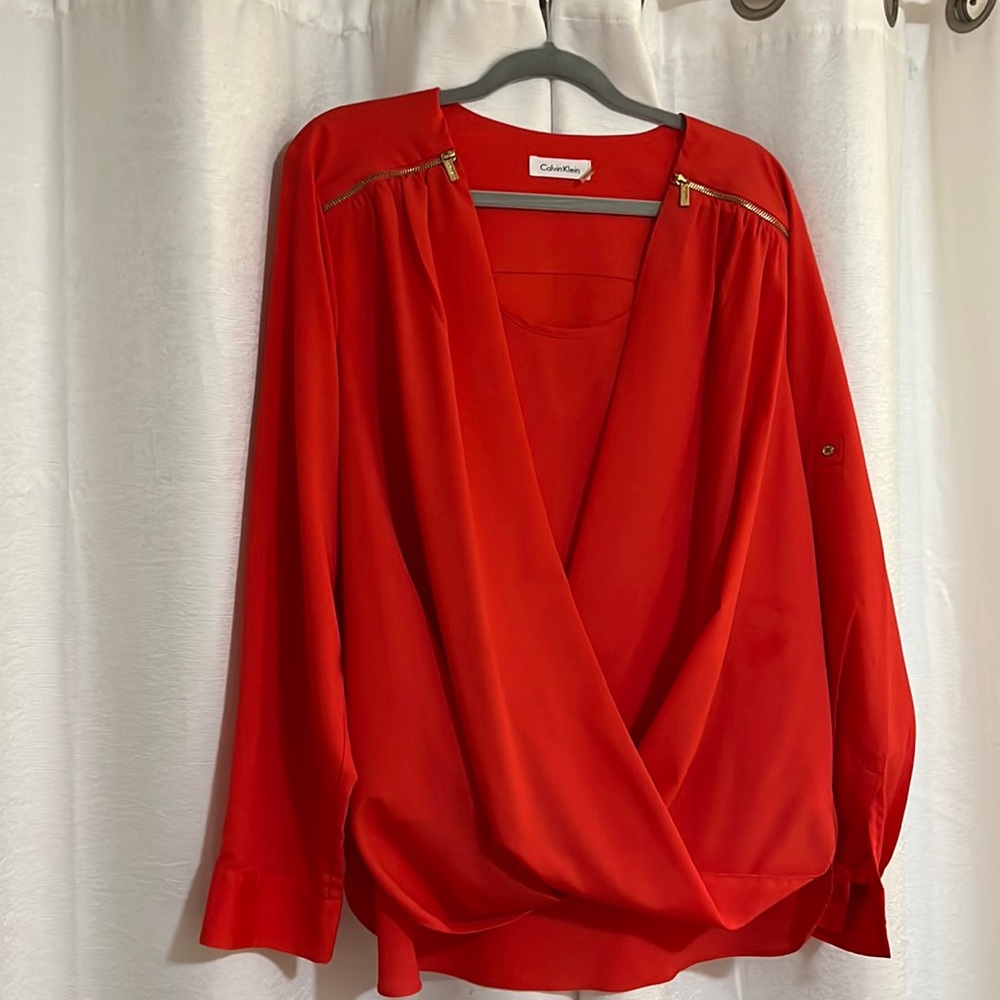 Blouse, Calvin Klein, gold zippers on shoulders, beautiful bright pink.